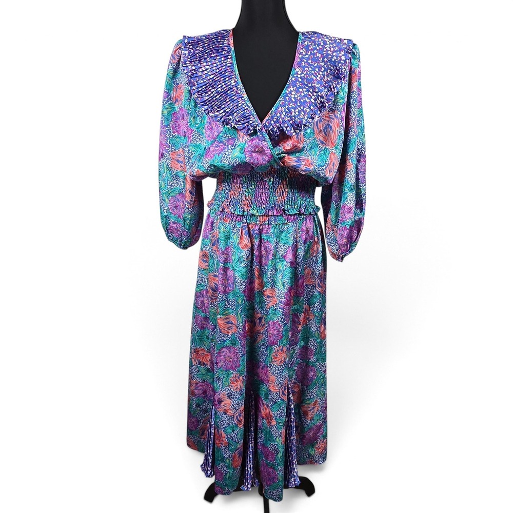 VTG 80s Susan Freis Skirt Set Womens S Floral Pleated Ruffle V-Neck Purple Teal